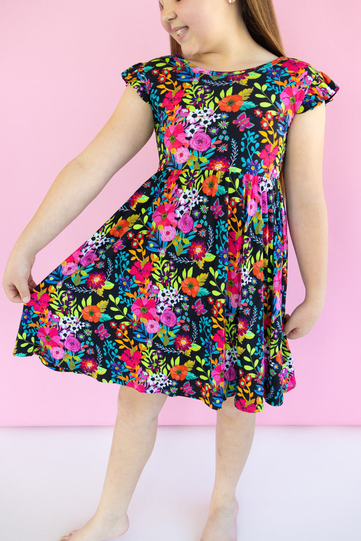 Floral Tapestry Ruffle Cap Sleeve Skater Dress